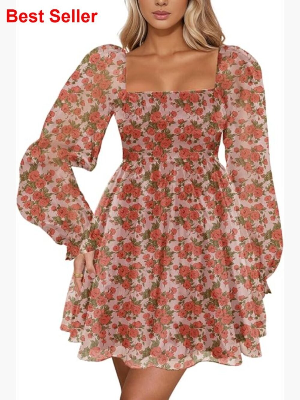 Polyester Square Neck Backless Mini Dress with Puff Sleeves